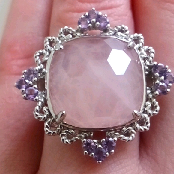 💍Huge Stone Rose Quartz & Amethyst Silver Ring - Picture 7 of 7